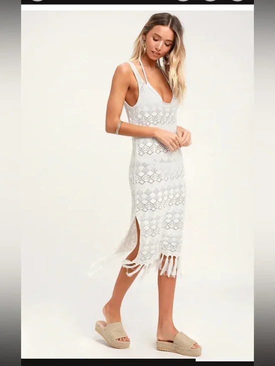 New Lulus Marina Pointe Cream Crochet Tasseled Swim Cover-up Beige - Size S - Picture 3 of 8